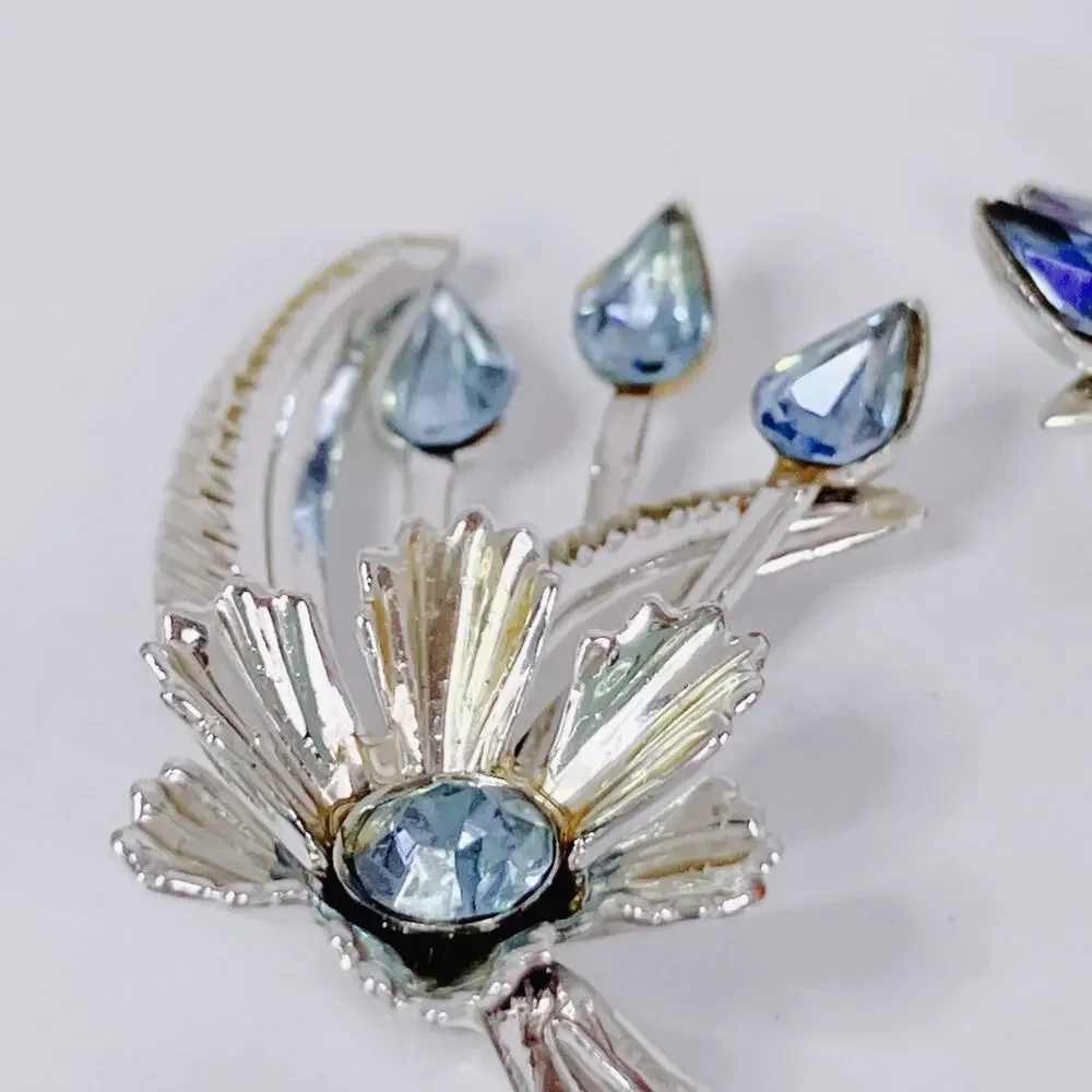 Vintage Mid Century Floral Spray Earrings Silver Tone Blue Rhinestone Screwback
